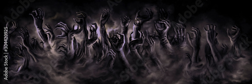 Zombie hands banner/ Illustration horror zombie hands in a mist. Digital painting