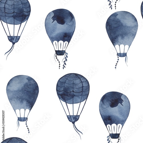 Pattern with balloons. Airship. Watercolor. Indigo. Hand drawn