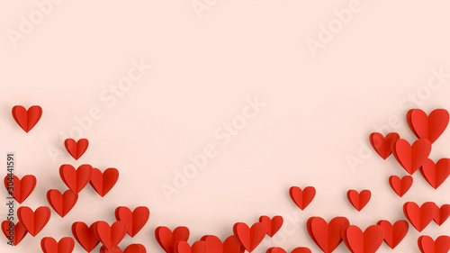 Red hears background, paper cut romantic concept, top view. Beautiful cute hearts on pastel pink table flat lay composition. Valentines Day greeting card concept. Mothers Day anniversary design.