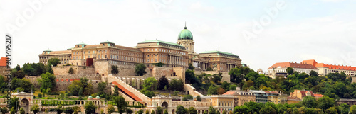 Budapest, Hungary sights Buda castle Royal Palace and city banner beautiful panoramic view of Buda from Pest