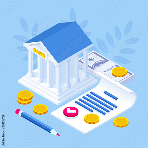 Isometric concept of banking loan, money loans. Loan document and agreement with pen for signing.