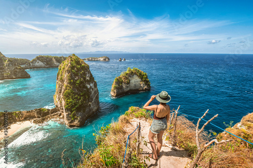 Bali, Indonesia, Female Traveler Exploring Nusa Penida Island at Diamond Beach
