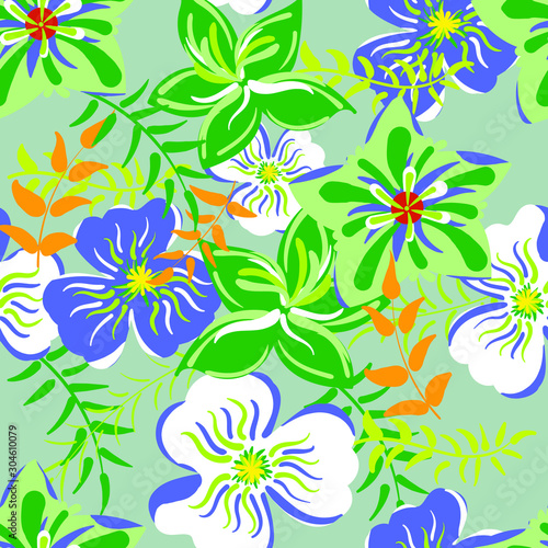 Seamless - Tropical flowers free hand with blue backgrund