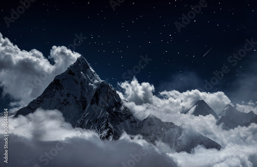 Top of mount in the clouds at night, Nepal