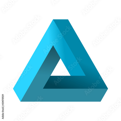 Impossible triangle. Penrose optical illusion. Blue gradient endless triangular shape. Abstract infinite geometric object. Impossible eternal figure. Isolated on white background. Vector illustration.