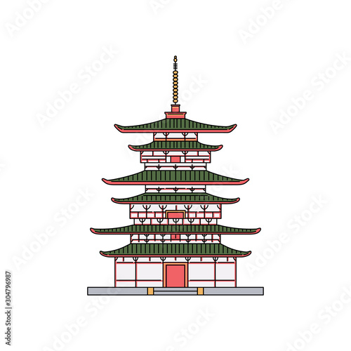 Japanese pagoda building pavilion cartoon sketch vector illustration isolated.