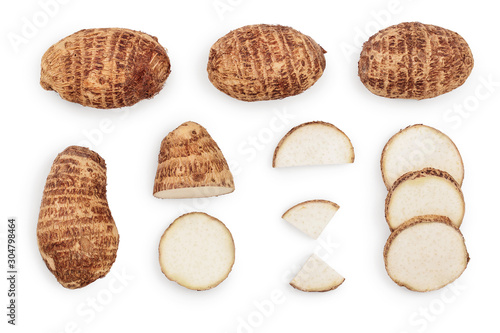 fresh taro root isolated on white background. Top view. Flat lay. Set or collection