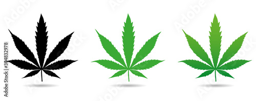 Cannabis leaf icons set. Green silhouette of Indica Sativa isolated white background. Vector illustration