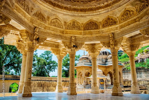 Beautiful memorial grounds to Maharaja Sawai Mansingh II and family constructed of marble. Gatore Ki Chhatriyan, Jaipur, Rajasthan, India.