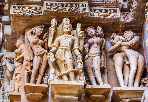 Kandariya Mahadeva Temple and Devi Jagdambi Temple, Western Temples of Khajuraho. Unesco World Heritage Site. Popular amongst tourists all over the world. Khajuraho, India.