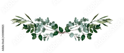 Watercolor modern decorative element. Eucalyptus round Green leaf Wreath, greenery branches, garland, border, frame, elegant watercolor isolated, good for wedding invitation, card or print