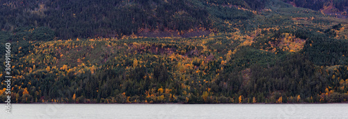 Beautiful Panoramic Landscape View of Canadian Nature during a Cloudy Autumn Day. Taken at Lillooet Lake, Pemberton, British Columbia, Canada.