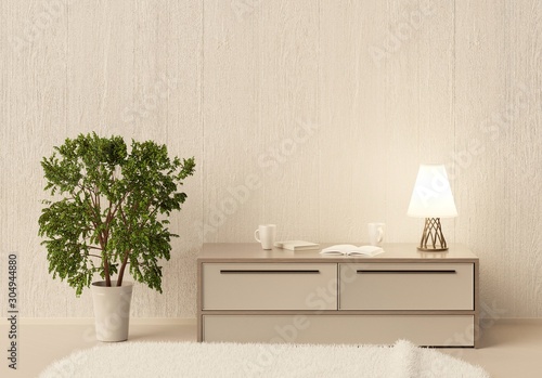 Home cozy interior with a beautiful lamp on a small table. Ornamental plant in a pot on the floor. 3D rendering. 3D illustration.
