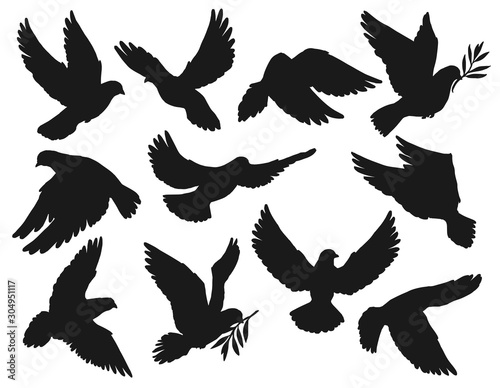 Dove icons, peace and easter symbol, pigeon bird flying with olive branch twig in beak. Vector dove silhouette, sign of Christian church religion, hope and love, resurrection day and holy spirit
