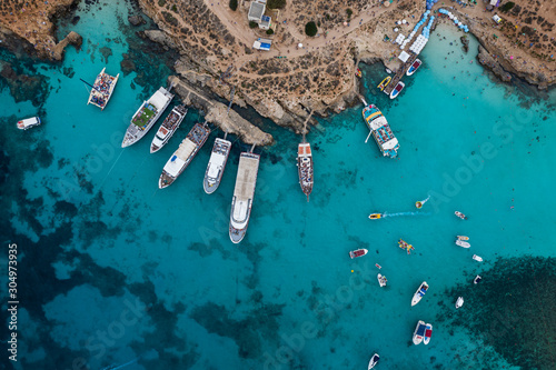 Aerial drone shot of Blue lagoon Gozo Malta Comino island. Best beaches of Mediterranean
