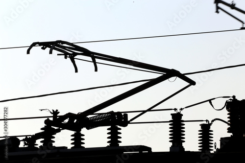 Pantographs and the overhead wires on the train station