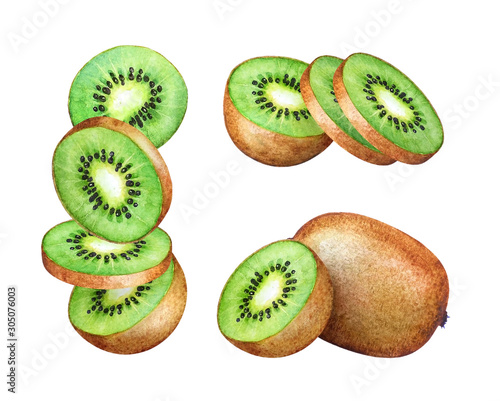 Collection of watercolor kiwi fruits and slices