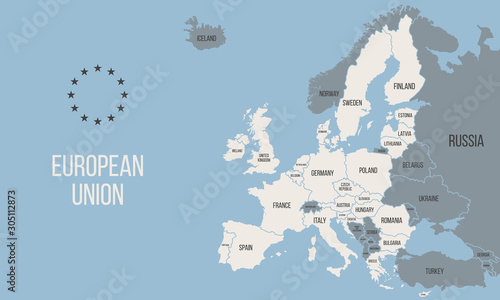 EU poster map. European Union political map. Europe map isolated on blue background. Vector illustration