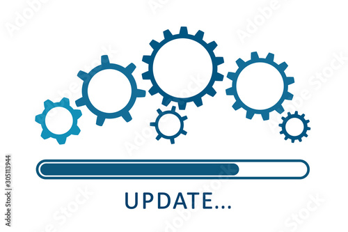 Update icon with gears. Loading or updating files, install new software, operating system, update support, setting options, maintenance, adjusting app process, service concept – stock vector