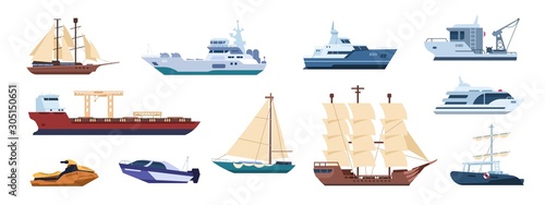 Flat ships. Sailing yachts, marine sailboats and motor ships, ocean transportation types. Vector illustrations catamaran and powerboat, boat with sail, tugboat, yacht set, for travel and work
