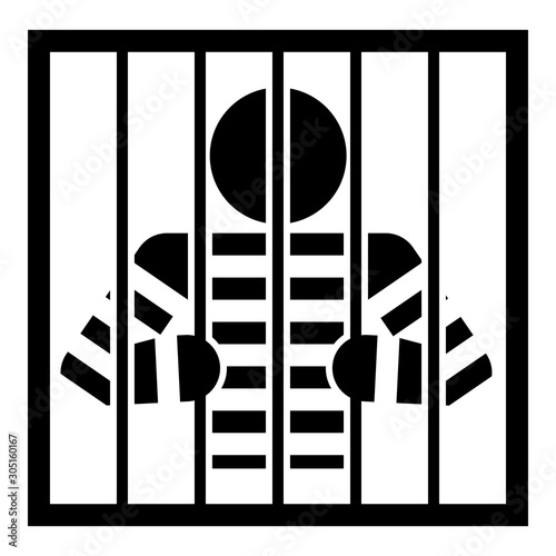 Prisoner behind bars holds rods with his hands Angry man watch through lattice in jail Incarceration concept icon black color vector illustration flat style image