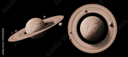 set saturn planets in deep space with rings and moons surrounded. isolated on black
