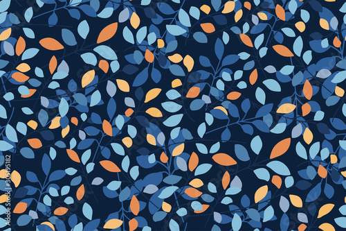 Abstract seamless pattern with colorful leaves, branches on a dark blue background. Creative print, Wallpaper. Foliage in a hand-drawn style. Vector