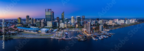 Perth Australia November 5th 2019: Aerial panoramic view of the beautiful city of Perth on the Swan river at dusk