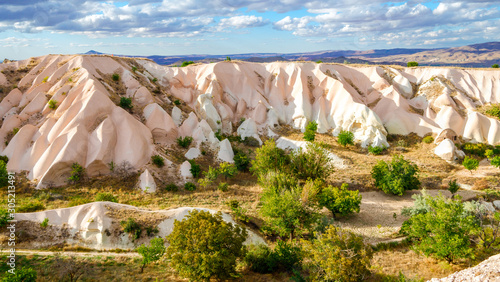 Mountain landscape in Pigeon valley in Cappadocia, Turkey. Unreal rock formations of Cappadocia