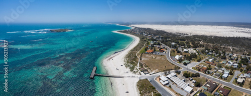 Aerial view of the small town of Lancelin in Western Australia, famous for the turquoise clear waters and sand dunes behind the town which can be surfed
