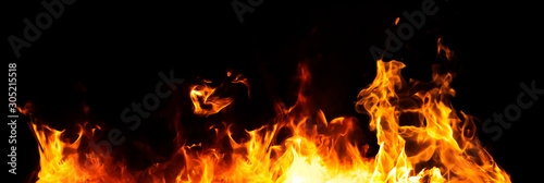 panorama fire flames on black background