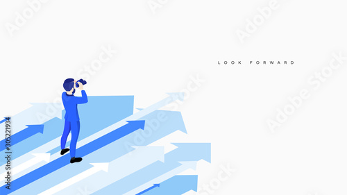 Businessman with binocular stand over arrows. Conceptual vector research and looking forward metaphor. Isometric business illustration