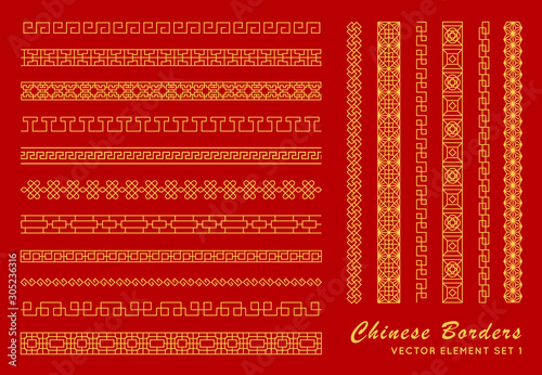 Asian border set in vintage style on red background. Traditional chinese ornaments for your design. Vector golden japanese pattern. Artwork graphic, asian culture decoration