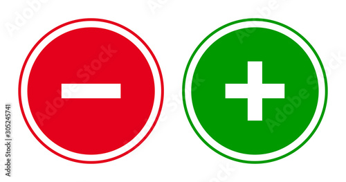 Set of round minus and plus sign icons, buttons. Flat negative and positive symbols on white background.