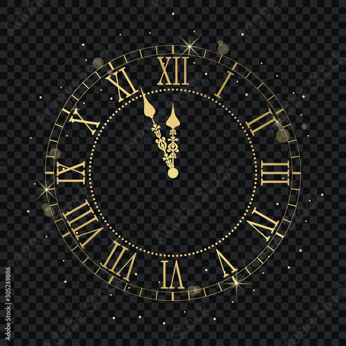 Gold vintage clock with Roman numeral and countdown midnight, eve for New Year. Golden wall clock-face dial at transparent background. Vector illustration.