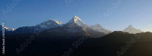 Mountain panorama at sunrise from the viewing platform of Ghorepani Poon Hill, Himalaya, Nepal