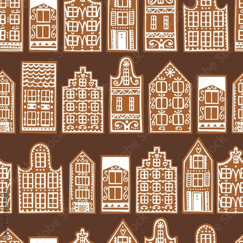 Hand drawn gingerbread houses. Vector seamless pattern.