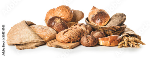 Assortment of fresh bakery products on white background