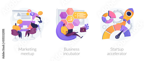 Startup supporting metaphors set. Development of companies, mentoring and training. Marketing meetup, business incubator, startup accelerator . Vector isolated concept metaphor illustrations