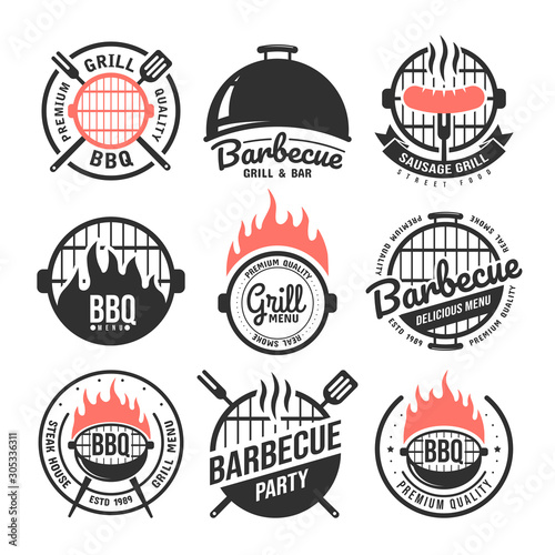 Barbecue and grill labels set. BBQ emblems and badges collection. Restaurant menu design elements. Vector illustration