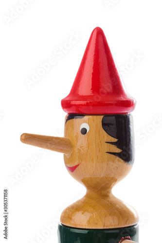 Moscow, Russia - January 23, 2018: Souvenir Toy Pinocchio - symbol of Italy - isolated on white background