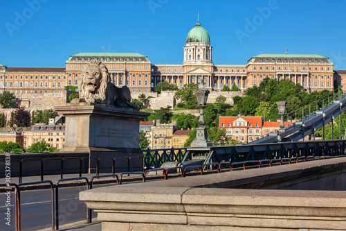 View to Buda castle from across Danube river in Budapest, Hungary. Lion sculpture at the bridge.