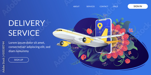 Web page design template for project delivery, transport, airplane. Modern vector illustration concepts.