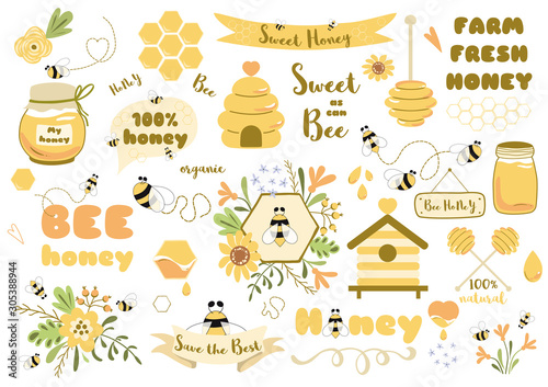 Bees set honey clipart Hand drawn bee honey elements Hive honeycomb pot beekeeping Text phrases illustrartion