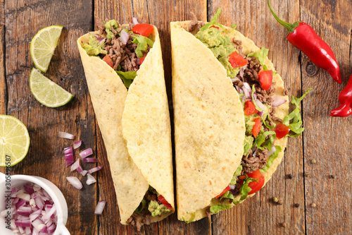 tacos with beef, avocado and tomato- tortilla bread