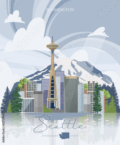 Seattle vector panorama. State Washington. American city