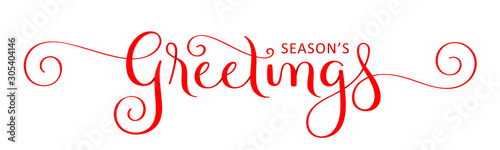 SEASON'S GREETINGS red vector brush calligraphy banner with spirals