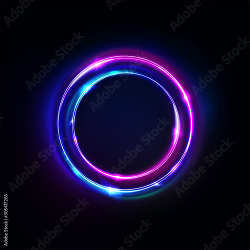 Circle abstract background, glowing neon lights, round portal. Vector. Pink blue and purple glow rings. Circular light frame, ultraviolet.