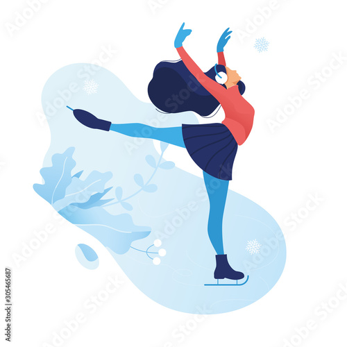 Ice figure skating graceful girl in beautiful poses frozen flowers background. Winter season card. Christmas holidays outdoor activities. flat sports illustration women silhouette on ice rink. Vector