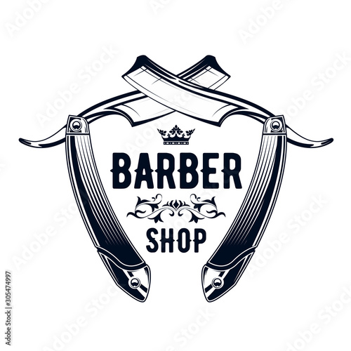 Vintage barbershop emblem - old straight razor, barber shop logo
